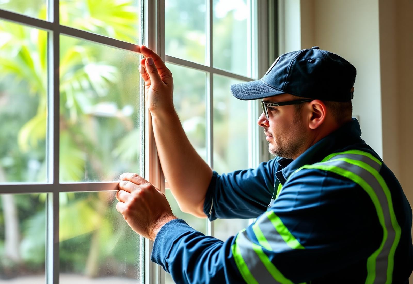 Dr. Handyman installer fitting an impact hurricane window in a Miami home
